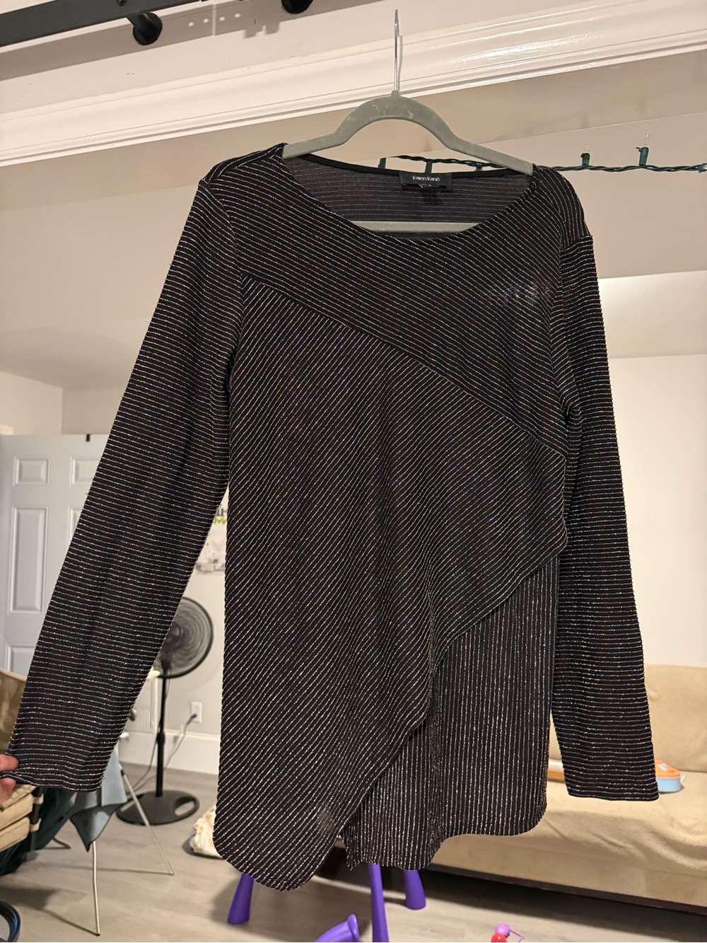 Karen Kane Black Metallic-Striped Long Sleeve Blouse